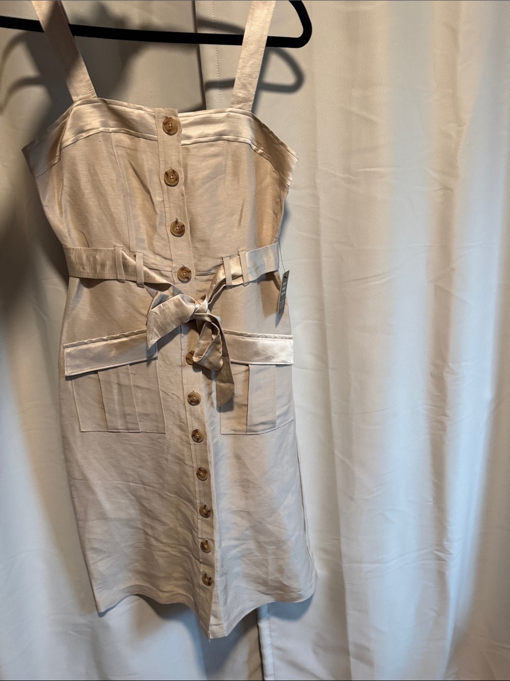 Linen Silk Beige Button-Front Belted Sundress